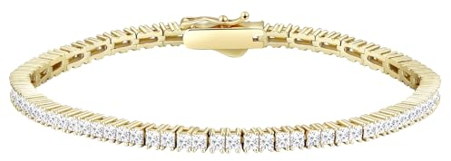 KRKC&CO Tennisarmband Silber 925 für Damen, 2mm Tennis Armband Prinzessschliff 14K Gold beschichtet, Zirkonia Kristall Armband Iced Out, Geburtstag Geschenk für Frauen Mädchen [Größe 19cm]