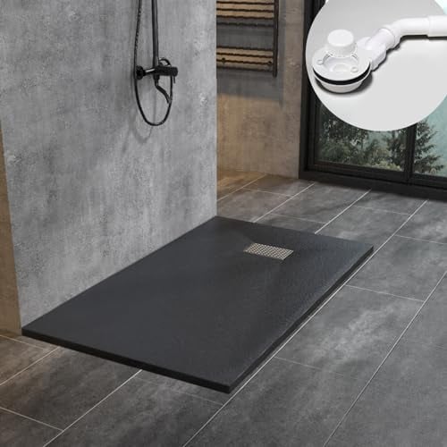 WITEN&NOCK SMC Duschwanne 120x90cm schwarz Brausewanne Duschtasse 3,2cm extra flache Steinoptik Antirutsch inkl. Edelstahl Abdeckung und Ablaufgarnitur Ø90mm Siphon