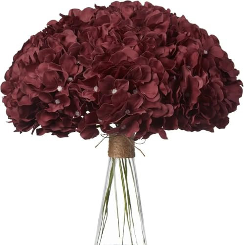 JOYKOL 10 fiori artificiali in seta di ortensia bordeaux con steli, per matrimoni, addio al nubilato, baby shower, decorazioni per feste (rosso)