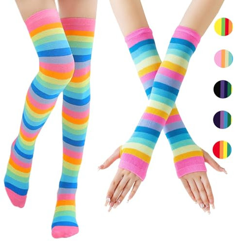 AUNGCSHE Regenbogen Overknees Strümpfe Damen, Fingerlose Handschuhe, Kniestrümpfe Mädchen, Armstulpen Damen, Thigh High Socks, Fingerless Gloves Für Handstulpen, Halloween Fasching (Rosa)