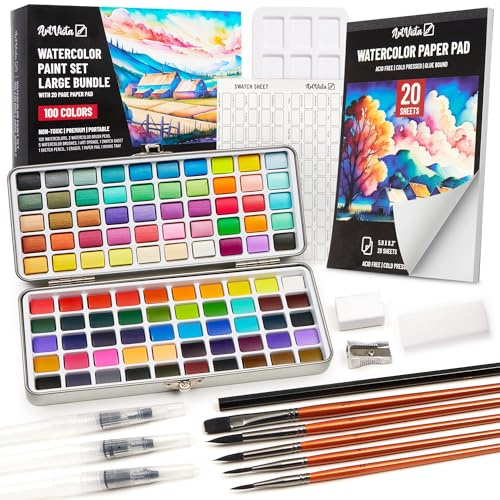 Premium-Aquarellfarben-Set mit 100 hellen Farben und Papierblock für Anfänger und Profis, Malset und Kunstbedarf für Erwachsene, Reise-Aquarell-Set mit metallischen Aquarellfarben