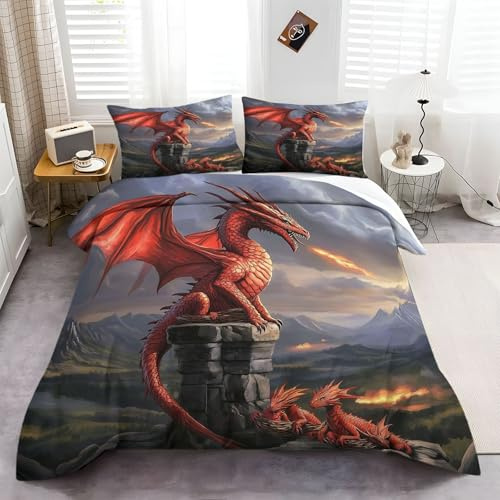 Hochwertiger Bettbezug Set 155x220cm , Mikrofaser Majestätischer Roter Drache Bettwäsche Set, Mythisch Antik Bettbezug Set für Einzelbett, Atmungsaktiv, Weich, Pflegeleicht mit Kissenbezug 80x80cm