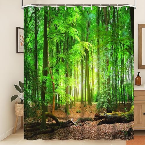 Xiaoterna Frühling Duschvorhang Naturlandschaft 3D Landschaften Badezimmer Vorhang Laubwald Badvorhang Tropischer Regenwald Duschvorhang Maschinenwaschbar Wasserdichter Stoff 240x180cm
