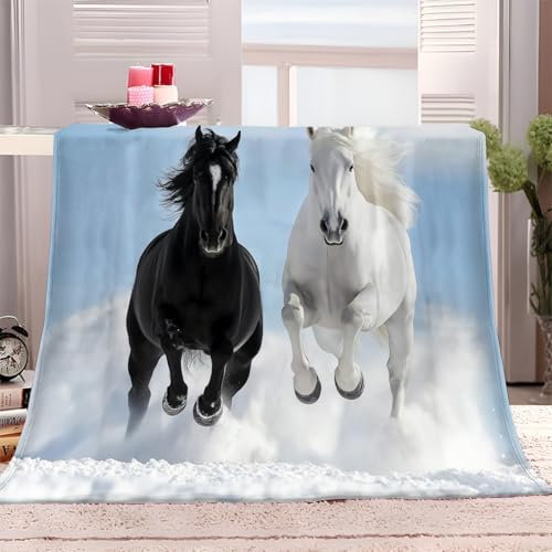Kuscheldecke Decke 130x150 cm Tier Schwarz Weißes Pferd Fleecedecke Flauschig Weich Warme Wohndecke Sofadecke für Teens Erwachsene, Schlafdecke Tagesdecke für Bett Couch