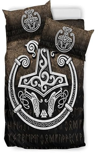 Double Duvet Set 200x200 cm Viking Bedding Double Bed Set Viking Thor's Hammer Rune Duvet Cover Sets Luxury Microfiber 3 Piece Kids Teenager Room Decoration with Zipper and 2 Pillow Case