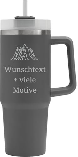 XXL Trinkbecher mit Henkel, Deckel, Strohhalm - Grau, 900 ml - personalisiert mit Name, Spruch, Motiv - Lifestyle To-Go Henkelbecher aus Edelstahl, ideal als Geschenk