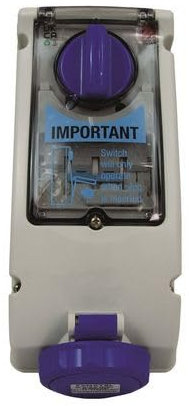 Commando Type Professional Quality Interlocked Switched Socket,32A, 3 Pin, 240V, 50-60Hz Single Phase, Blue, IP67 IEC309, Empty Unit c/w Din-rail and hinged window for 4 modules