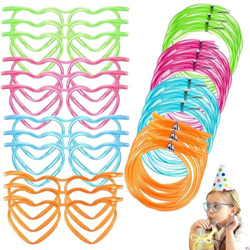 CBRAEXY Strohhalm Brille, 12 Stück, Flexibel, Wiederverwendbar, PET, 4 Farben, Herzförmig, 64 cm x 0.6 cm (lang) / 35 cm x 0.6 cm (kurz), für Geburtstagsfeiern & mehr