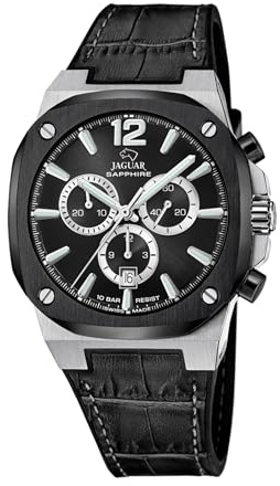 JAGUAR Swiss Made Herrenuhr Leder Schwarz - Chronograph Quarz, Datum, Saphirglas - Wasserdicht 10 ATM - Elegant - J1026/4 Rondcarre