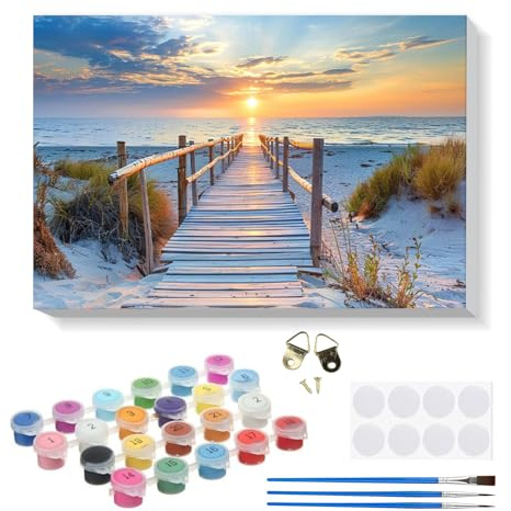 RICUVED Playa Pintura por Números Paisaje para Adultos y Niños 30x40cm - Kit DIY con Marco de Madera, Pinturas al Óleo, Pinceles y Bandas Magnéticas para Decorar Tu Casa