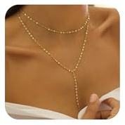 BelleVive Goldkette für Damen, zierliche, lange, 14 Karat vergoldete Y-förmige Körperkette, Choker-Halskette, anlaufgeschützter Anhänger, einfache mehrlagige Halsketten, Goldschmuck