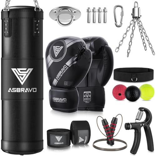 ASBRAVO Punching Bag for Adults, 4ft Heavy Boxing Bag Set with 12 OZ Gloves for MMA Karate Kickboxing Boxing Home Gym Training - Unfilled