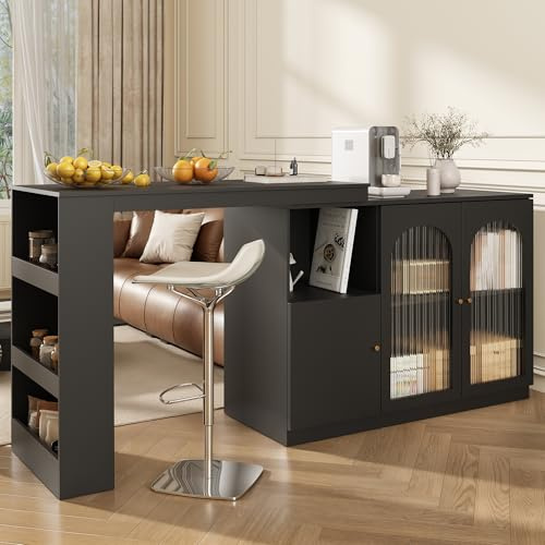 Merax 360° swivelling 3 Tier Dining Bar table, with storage cabinet with glass door, Extendable Table, for Kitchen, Dining Room, Living Room, Black/Main Body 120 x 40 x 97 cm