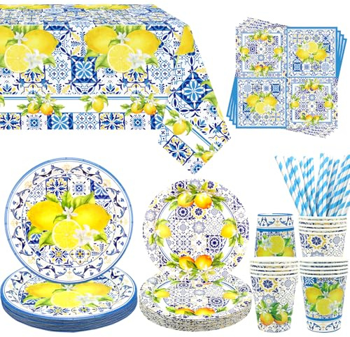 Obussgar Capri Lemon Party Dekoration – Capri Lemon Geburtstag Party Geschirr Supplies Enthält Teller, Becher, Servietten, Tischdecke, Strohhalme – serviert 20 Stück