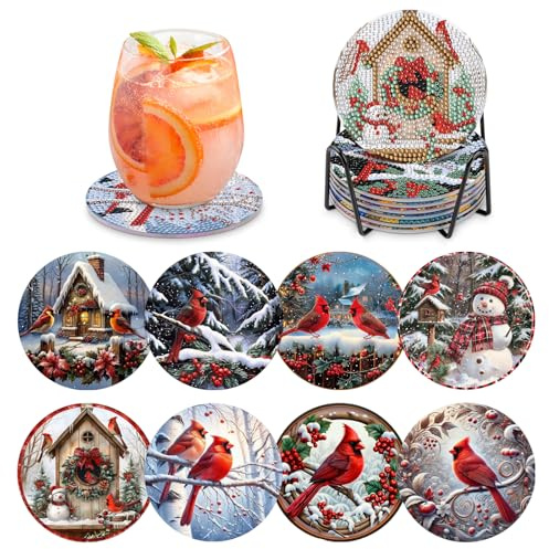 MOGTAA Peinture Diamant Dessous de Verre, 8PCS Kit Diamond Painting Noël, DIY Cardinal sous-Verres Art de Diamant avec Support, Kits de Peinture Diamant pour Adulte Enfants