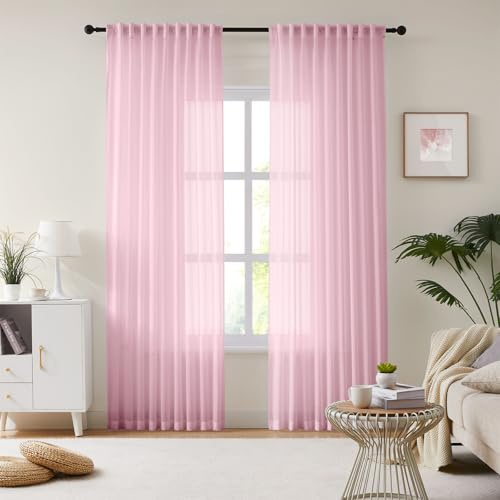 Melodieux Kräuselband Gardinen, Tüll Gardine Pink, 245×137cm (H×B) 2er Set