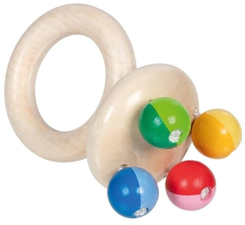 goki 65350 Greifling Rassel Regenbogen aus Holz bunt mit Kugeln – Greifring für Babys, Motorikspielzeug für Mädchen und Jungen, Made in Germany