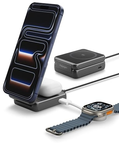 Spigen Essential Qi2.2 25W 2-in-1+C MagSafe Charger Stand [Incl. USB-C Cable] Fast Magnetic Wireless Charging Station for iPhone 17/16/15 Pro Max 17e, Pixel 10, AirPods