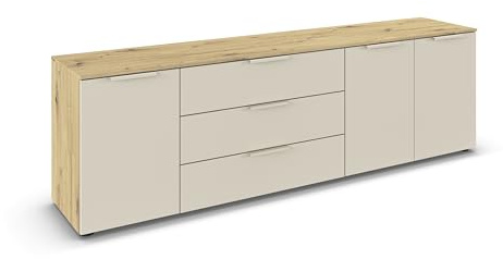 Rauch Möbel Flipp, Kommode, Farbe Beige/Eiche Artisan, Breite 199 cm | Sideboard, 3-türig, 3 Schubladen, Soft-Close-Funktion, für Schlafzimmer, Gästezimmer, Wohnzimmer, Garderobe, Flur