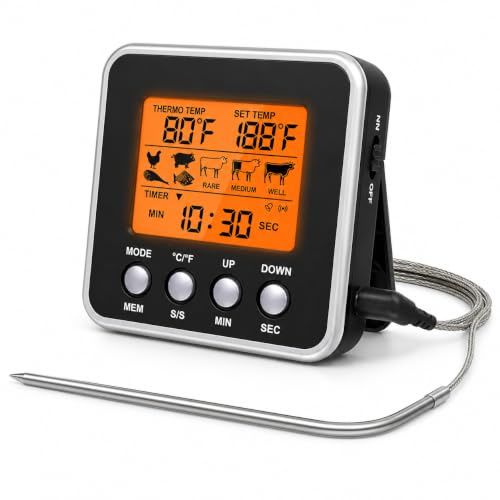 VOBOR Sonde Thermomètre Cuisine Numérique, Fonction Minuterie, Alarme, Écran LCD, Termometre Cuison pour Cuisson au Four et Barbecue