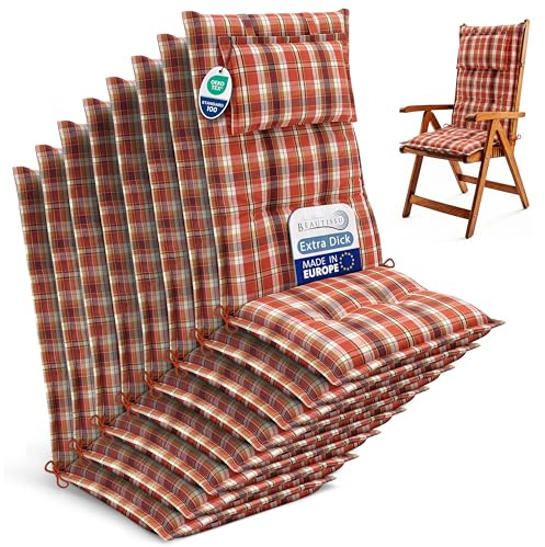 Beautissu 8er Set Gartenstuhlauflagen Hochlehner UV-Lichtecht Gartenmöbel | 120x50cm 7cm Polster Orange Rot Grün Kariert Sitzauflagen Sitzpolster Gartenstuhl Auflagen Stuhlauflage Terrasse HighLux HL