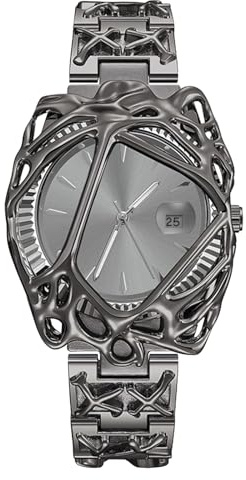 JewelryWe Herrenuhr Y2K Punk Leuchtend Analog Quarz Armbanduhr Schwarz | Herren Uhr mit Zeigerlosem Zifferblatt, Leuchtzeiger, Datum Kalender, abnehmbares Metallband, Hip Hop Gothic, Halloween