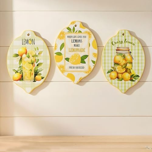 levandeo 3er Set Zitronen Bilder 15x21cm Gelb Porzellan Glanz Mediterrane Wanddeko Küche Cafe Limonen Küchendeko Deko Schilder Sommerdeko