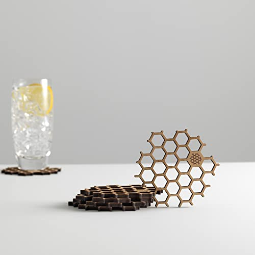 Dessous de Verre en Bois Bambou - Lot de 6 sous Verre pour Coupe bière et Tasse café en Forme d'alvéole d'abeilles, décor Creative et Design (Lot de 6 Hexagonal)