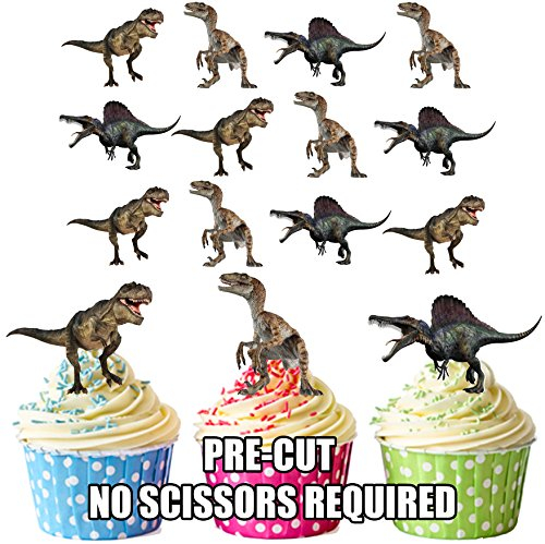 AK Giftshop PRE-CUT Dinosaurs Carnivore Mix - Edible Cupcake Toppers/Cake Decorations (Pack of 12)