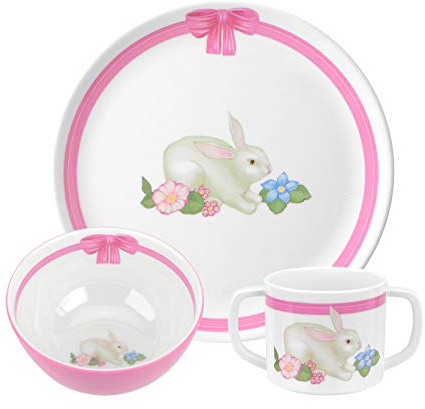 Portmeirion Botanic Garden Terrace 3-Piece Dinner Set - Bunny Motif with Pink Accents, BPA-Free Melamine Plate, Bowl, Mug - Shatterproof & Dishwasher Safe, Kids' Play Kitchen Accessories