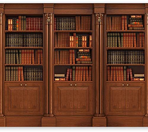 Wallpaper - Wall Mural Library 300x210 cm Non-Woven Premium Art Print Fleece Wall Mural Decoration Poster Picture Design Modern Books Bookshelf Brown Wood Wooden Vintage Retro i-B-0016-a-a