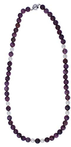 Damen-Kette Silber 925 mit Lavendel-Achat und weiße Süßwasser-Perlen 50 cm lang mit Magnetverschluss