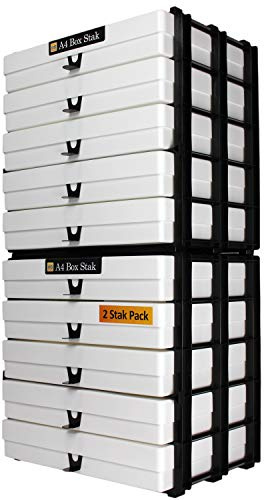 WestonBoxes A4 Box Stak, Stackable Craft Storage Box Unit Including Plastic A4 Storage Boxes with Lids (White, Pack of 2)