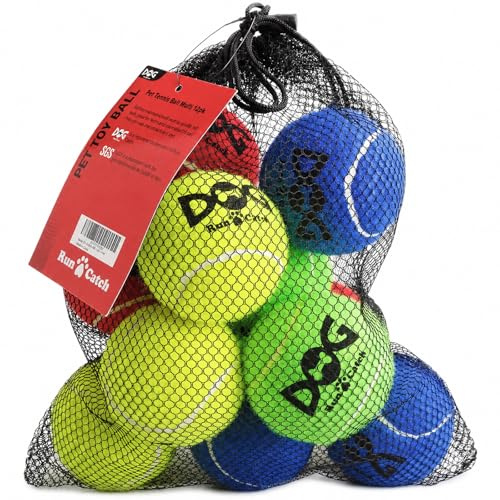 INSUM - 949 - Hundetennisbälle (6,35 cm) – Größe M – Mehrfarbig – 12er-Pack – Angepasster Rückprall – Hohe Sichtbarkeit – Widerstandsfähig & Schwimmfähig – Mit Tasche – Für mittelgroße Hunde