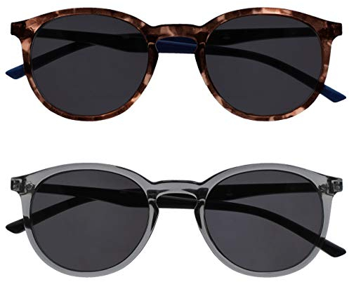 OPULIZE Met Sonnen Leser Brille 2er Pack Schlank Runder Rahmen Federscharniere Kratzfeste Getönte Linse UV400-Schutz Braun Transparent Grau Herren Damen SS60-27 +3.00