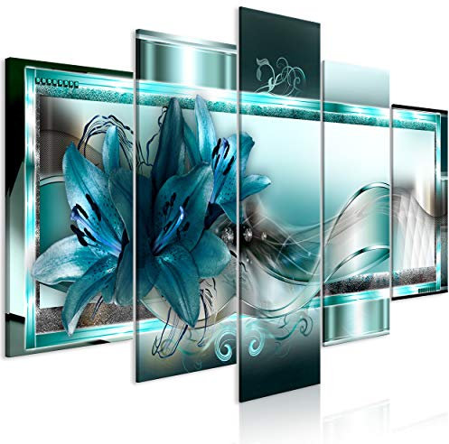 decomonkey Bilder Blumen Abstrakt 200x100 cm 5 Teilig Leinwandbilder Bild auf Leinwand Wandbild Kunstdruck Wanddeko Wand Wohnzimmer Wanddekoration Deko Lilie blau