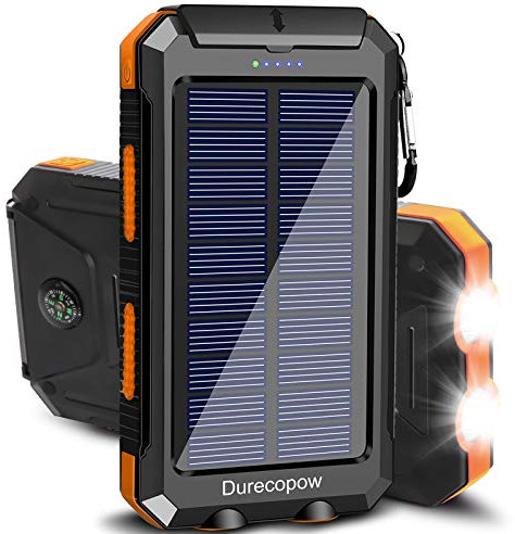 Durecopow Solar Charger, 20000 mAh Portable Outdoor Waterproof Solar Power Bank, Camping External Backup Battery Pack, Dual 5V USB Ports Output, 2 LED Light Flashlight with Compass (Orange)
