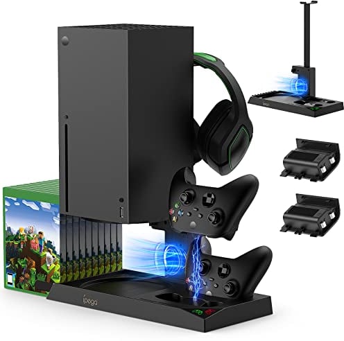 Auarte 5 in 1 Vertikaler Kühlständer für Xbox Series X Zubehör mit Controller Ladestation und Lüfterkühler, Headset Halterung und Spiele Aufbewahrung für Xbox Series X Konsole (2stk 1400mAh Akkus)