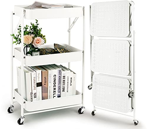 Todeco Klappbarer Rollwagen mit 3 Ebenen, Servierwagen, Küchenwagen aus Metall und Kunststoff, Keine Montage, 46 x 29 x 78 cm, für Bad, Küche (Weiß)