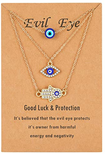 Baydurcan Lot de 3 colliers délicats contre le mauvais œil et Hamsa avec pendentif main bleue turque - Cadeau pour femme