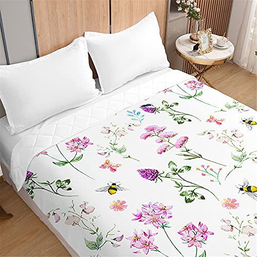 Oduo Floral Print Quilted Bedspread Throw Soft Microfiber Lightweight Coverlet Quilt, Double King Luxury Quilted Coverlets Comforter Sofa Bed Cover Bedding for Bedroom (Lilac flower bee,230x280cm)