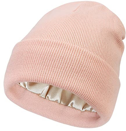 Damen Wintermütze mit Satin gefüttert, Zopfstrickmütze für Damen, Seidenfutter, dicke, klobige Mütze, Totenkopf, warme Kappe, Manschetten-Rosa, Einheitsgröße