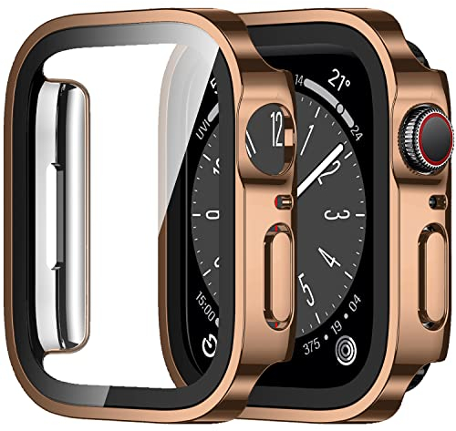 Amizee 2 Pezzi Cover Compatibile con Apple Watch Series 9/8 Series 7 41mm con Vetro Temperato, Custodia Sottile Anti-Graffio e HD Clear Pellicola Protettiva per iWatch 41mm (Oro Rosa/Trasparente)