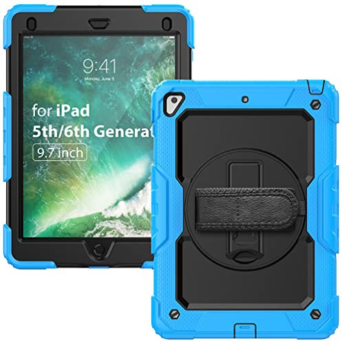 Carcasa para iPad 5/6 Generación (2017/2018) 9,7 Pulgadas, Funda de Silicona con Soporte y Correa de Mano giratoria de 360 Grados, Color Azul Claro