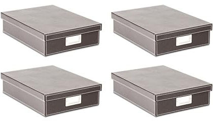 Osco Faux Leather A4 Document Storage Box with Lid, 4 Pack, Stackable Desk Paperwork Organiser for Files and Envelopes, Durable Filing Solution for Home or Office, 8.5×25×33.5 cm, Brown