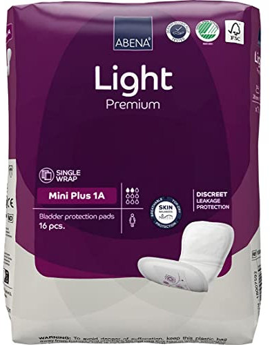 Abena Lot de 16 serviettes hygiéniques pour incontinence légères et éco-étiquetées pour femmes adultes, respirantes et confortables avec absorption et protection rapides, mini Plus 1A, 200 ml