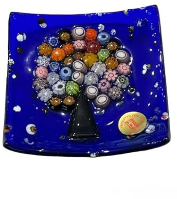 Argento e dintorni Piattino, Piatto soprammobile Albero della Vita in Vetro di Murano Fatto a Mano da Artigiani Secondo l'antica Lavorazione Veneziana con murrine Misura cm. 8x8 (Blu)