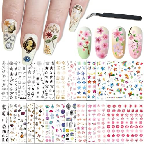 24 Sheets Nail Stickers Nail Art for Women Girls Kids Decoration Self Adhesive DIY Nail Design Summer Nail Decals Tattoos 1000+ Pieces with 1 Tweezers