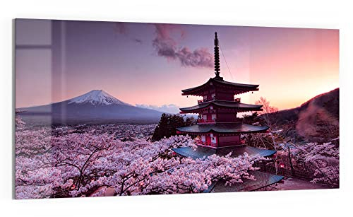DEQORI Glasbild Echtglas | Motiv Kirschblüten Tempel Japan | horizontal einteilig 100x50 cm | schöne Dekoration | Wandbild für Wohnzimmer, Schlafzimmer, Flur & Küche | moderne Wanddeko
