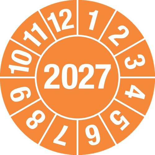 Prüfplakette 2027 orange Ø 30 mm – Jahresplakette 4-stellig | Dokumentenfolie | schwer ablösbar & witterungsbeständig | 15 Stück je Bogen | Marahrens – Qualität Made in Germany